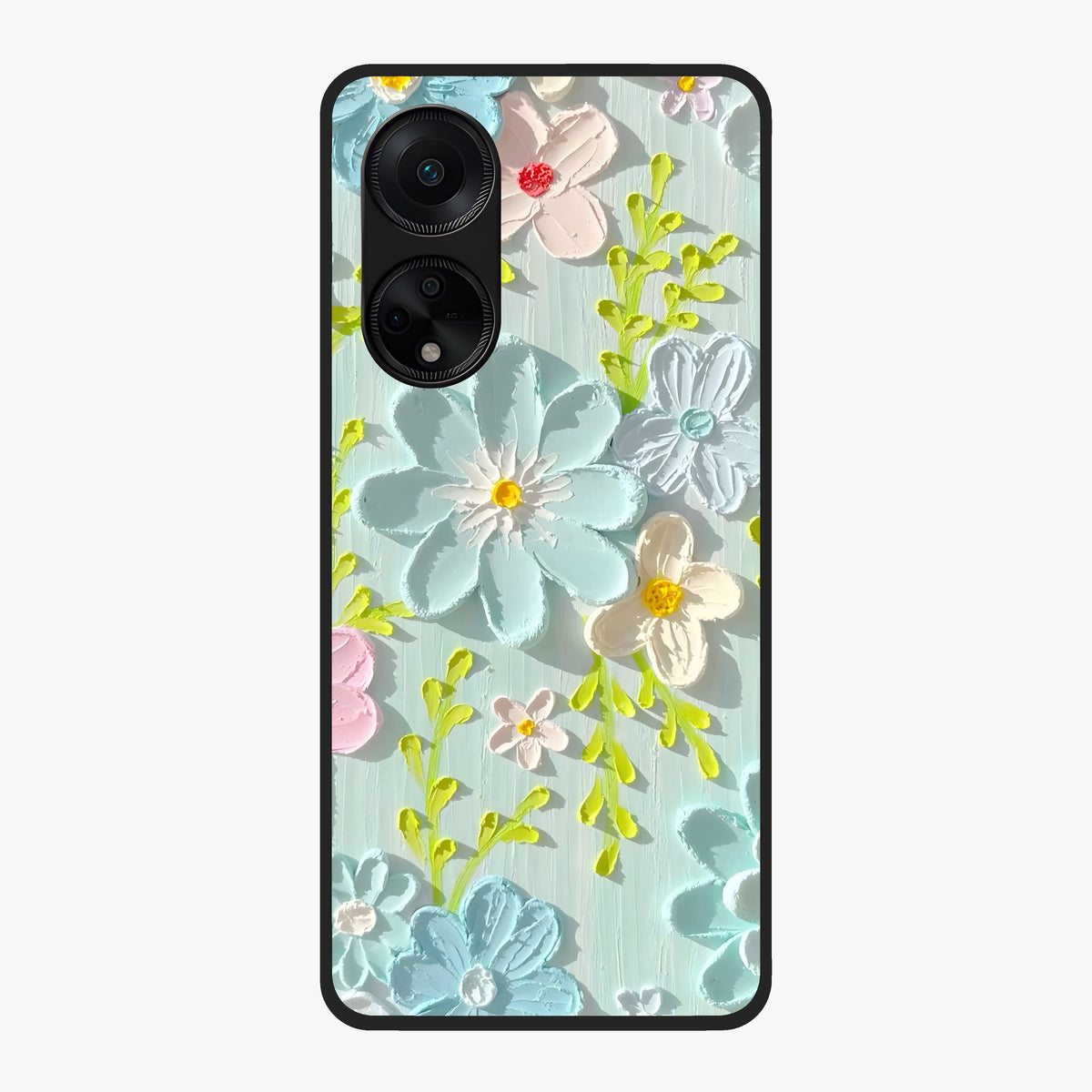 Frosted Petal Garden Glass Case showing flat back view with soft frosted floral artwork and glossy glass finish.