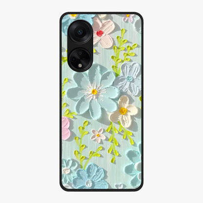 Frosted Petal Garden Glass Case showing flat back view with soft frosted floral artwork and glossy glass finish.