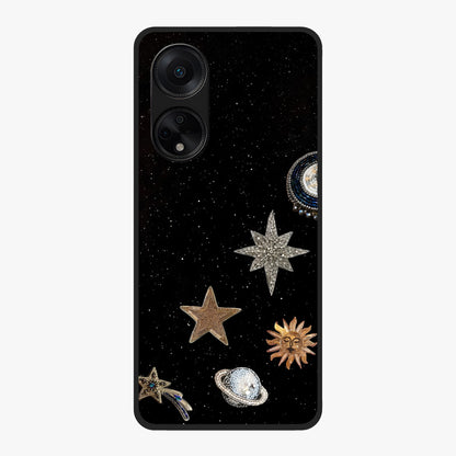 Galactic Charm Glow Glass Case showing flat back view with glowing celestial charm artwork and glossy glass finish.