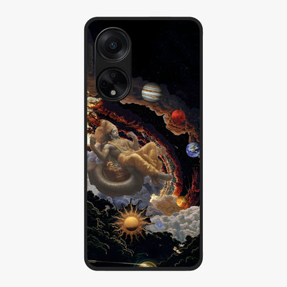 Galactic Divine God Glass Case showing flat back view with divine cosmic themed artwork and glossy glass finish.