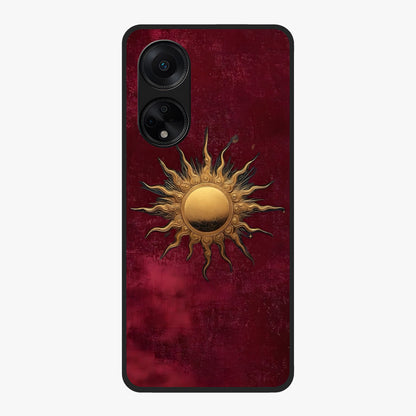 Gold Sun Blush Glass Case showing flat back view with golden sun inspired artwork and glossy glass finish.