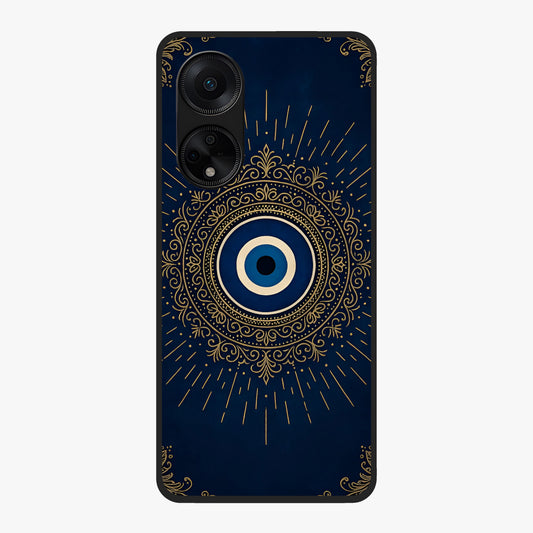 Golden Evil Eye Mandala Glass Case showing flat back view with intricate evil eye mandala artwork and glossy glass finish.