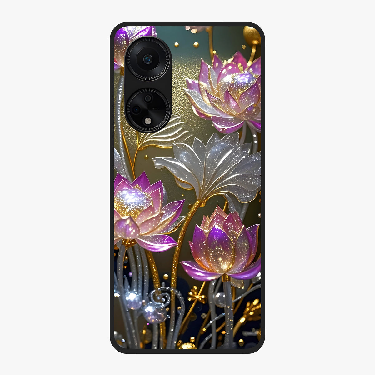 Golden Lotus Glow Glass Case showing flat back view with glowing lotus flower artwork and glossy glass finish.