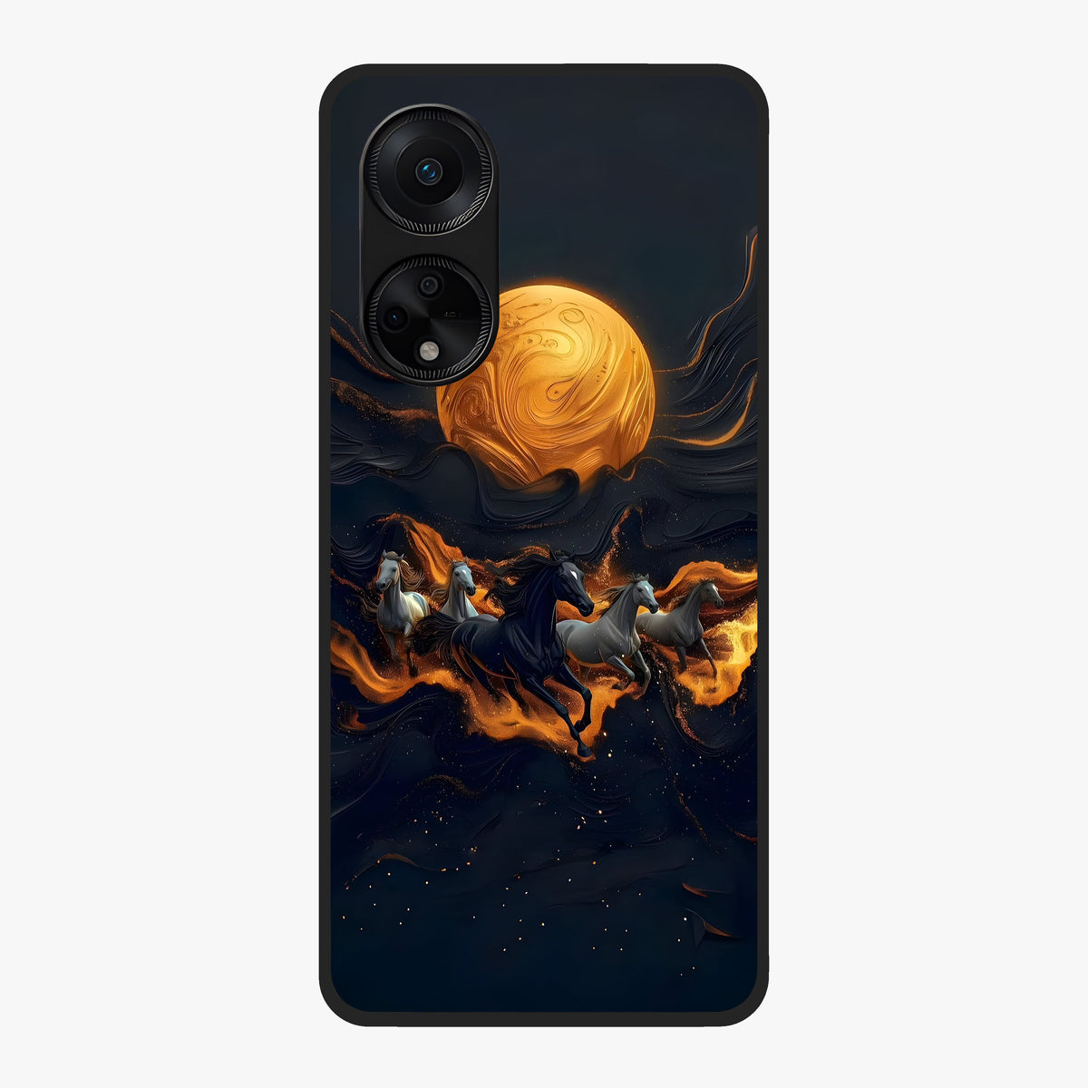 Golden Stallion Moonride Glass Case showing flat back view with majestic horse under moonlight artwork and glossy glass finish.