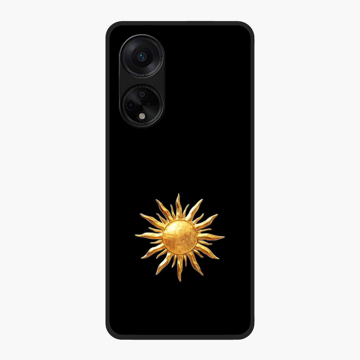 Golden Sun Minimalism Glass Case showing flat back view with minimal golden sun artwork and glossy glass finish.