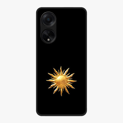 Golden Sun Minimalism Glass Case showing flat back view with minimal golden sun artwork and glossy glass finish.