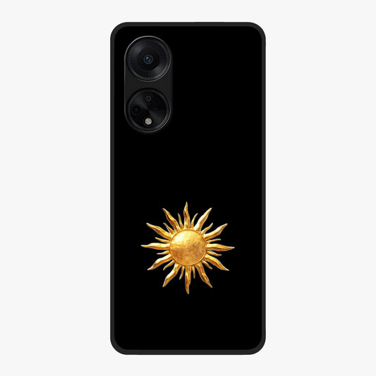 Golden Sun Minimalism Glass Case showing flat back view with minimal golden sun artwork and glossy glass finish.