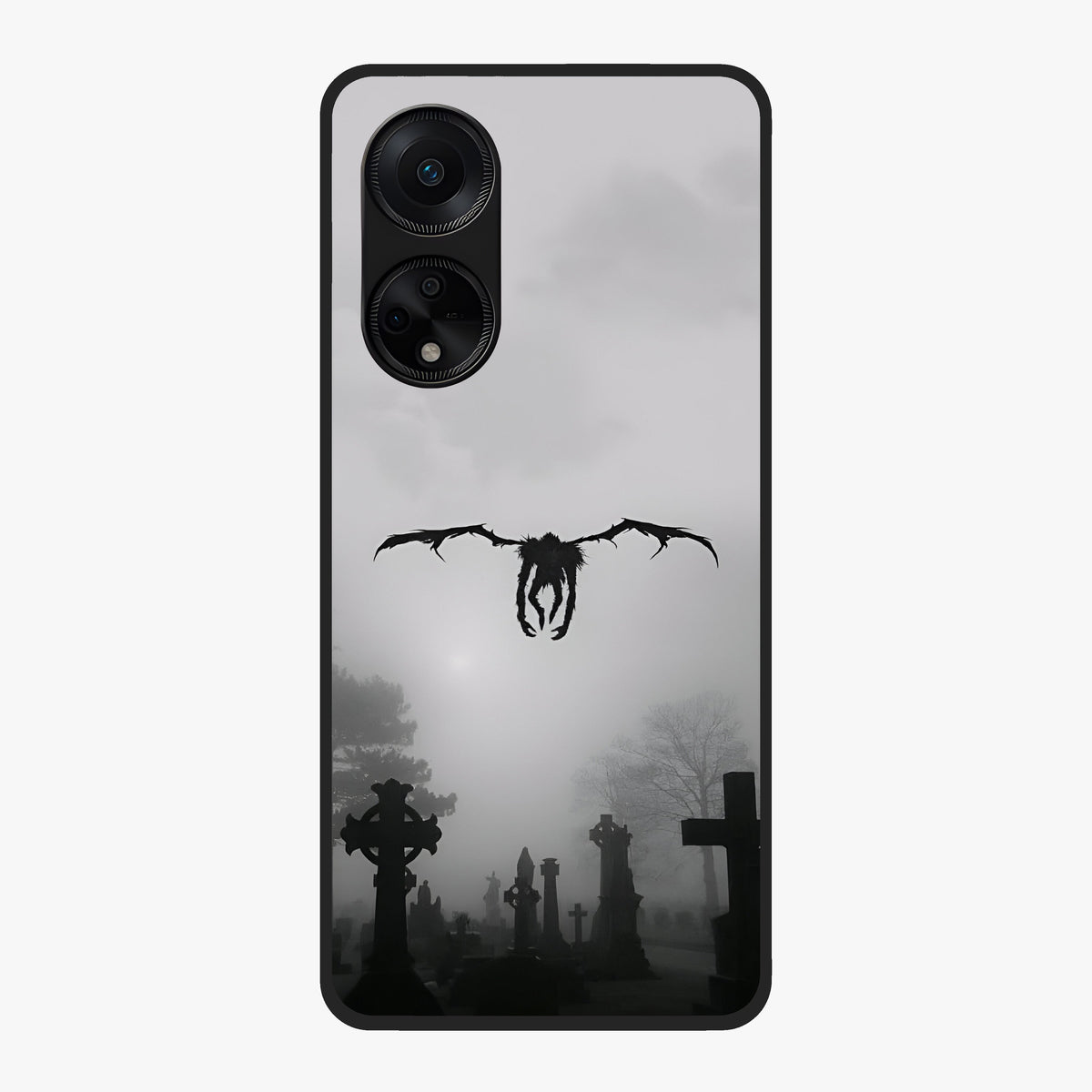 Graveyard Shadow Descent Glass Case showing flat back view with dark graveyard themed artwork and glossy glass finish.