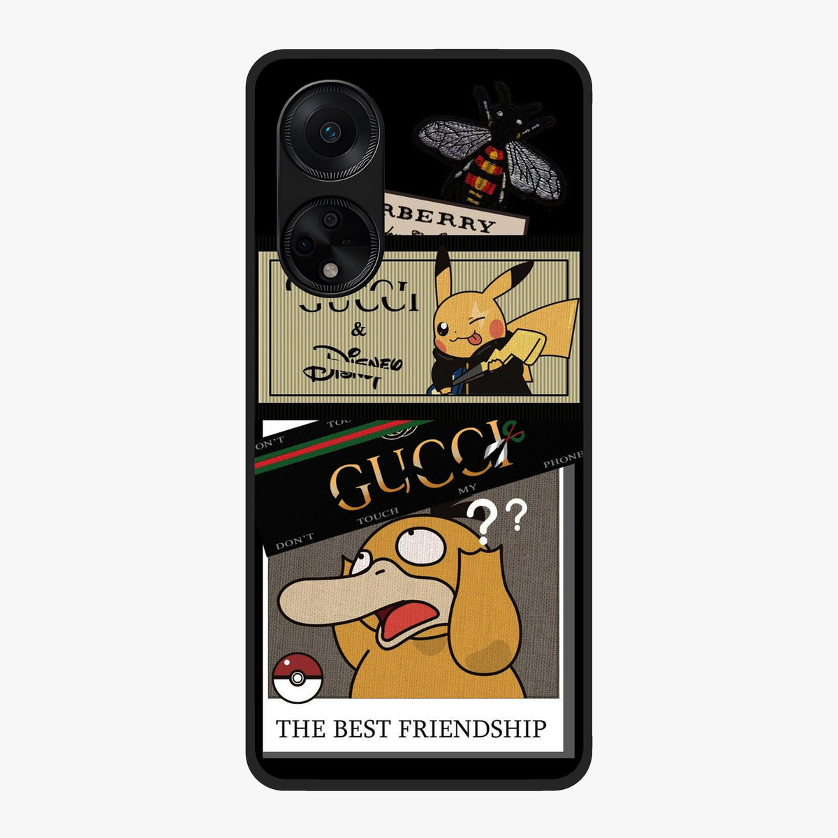 Gucci Play Mashup Glass Case showing flat back view with luxury inspired graphic artwork and glossy glass finish.