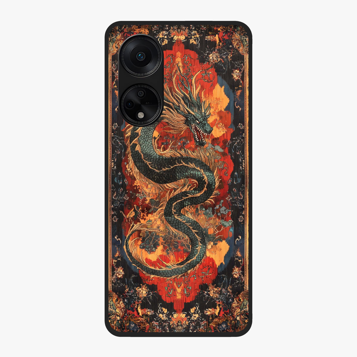 Inferno Dragon Soul Glass Case showing flat back view with fiery dragon artwork and glossy glass finish.