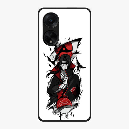 Itachi Sharingan Glass Case showing flat back view with powerful anime eye artwork and glossy glass finish.