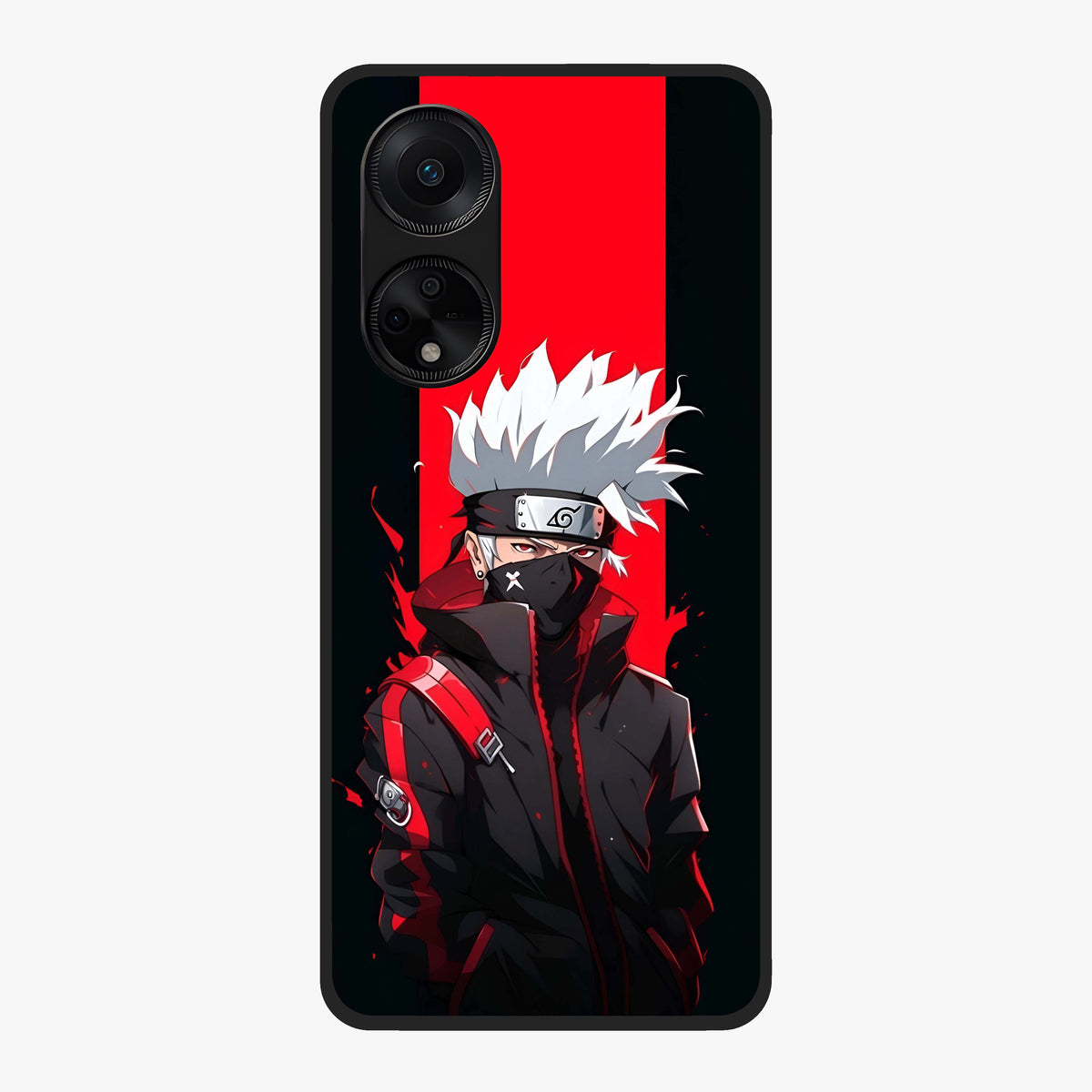 Kakashi Scarlet Shadow Glass Case showing flat back view with powerful anime ninja artwork and glossy glass finish.