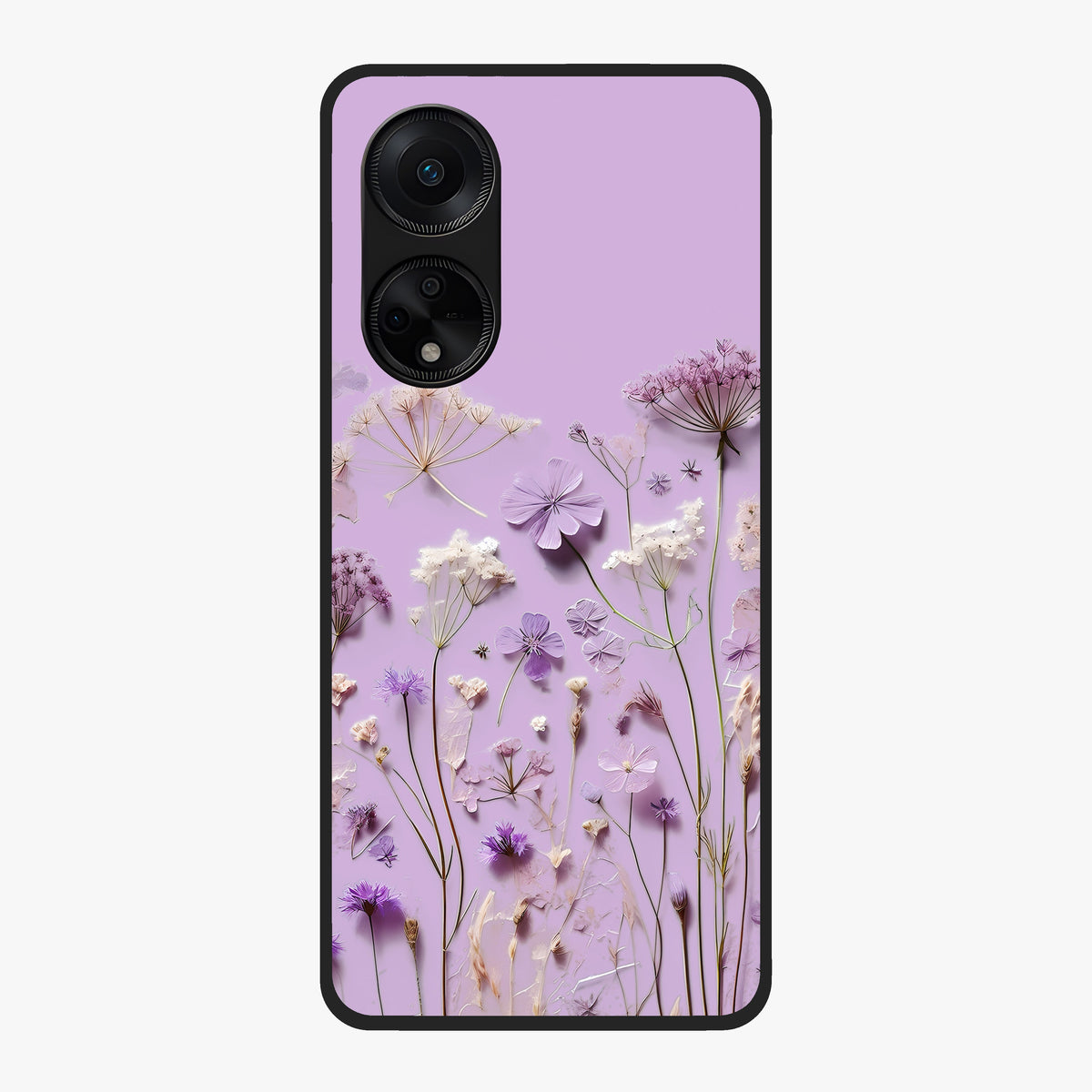 Lavender Blossom Dream Glass Case showing flat back view with soft lavender floral artwork and glossy glass finish.