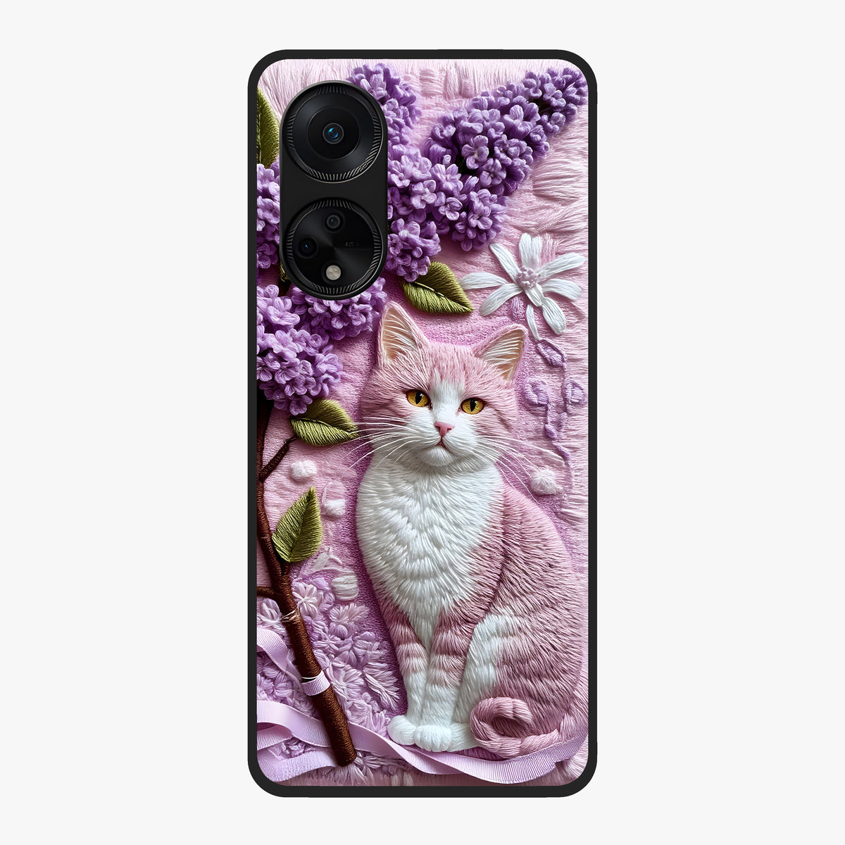 Lavender Cat Whimsy Glass Case showing flat back view with cute lavender cat artwork and glossy glass finish.