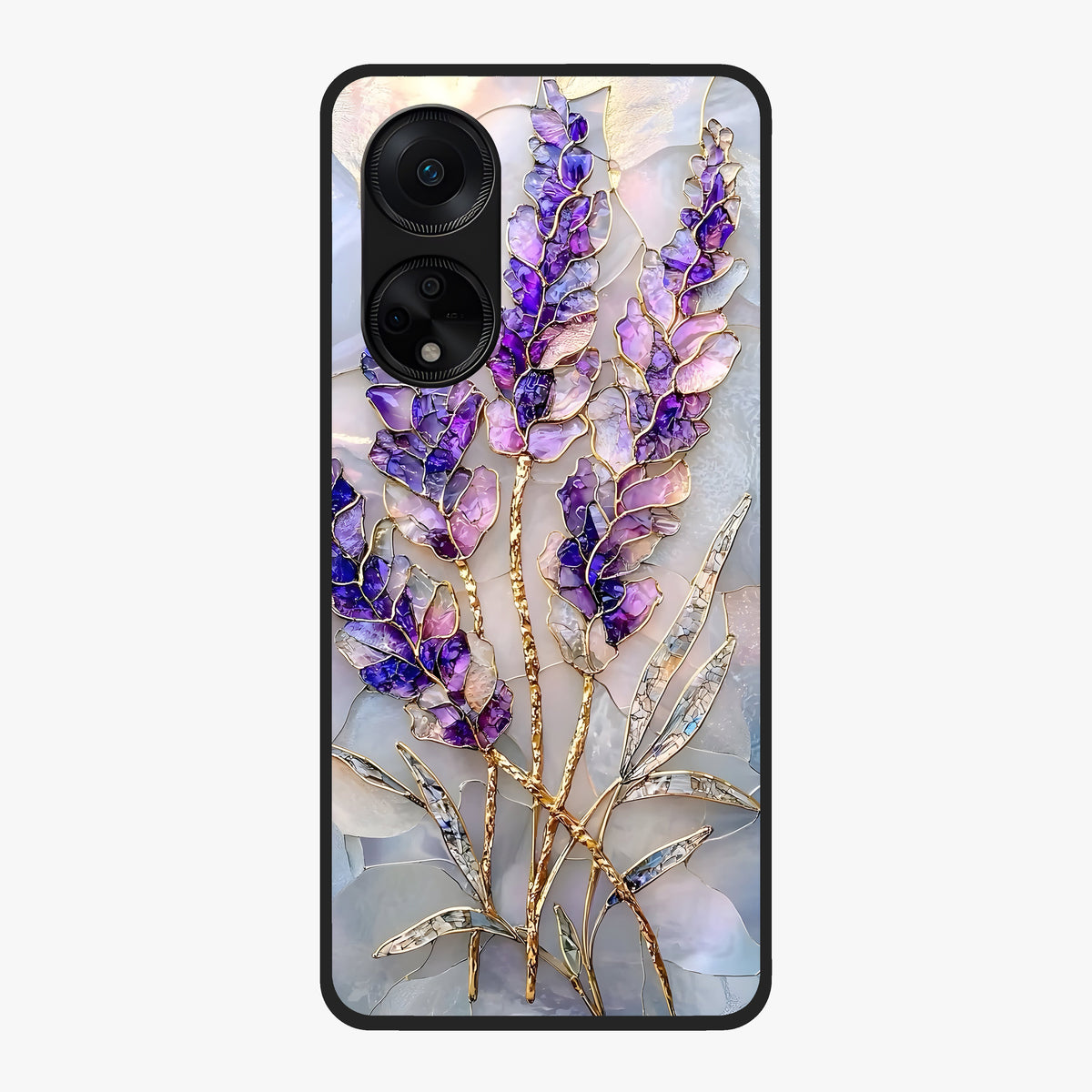 Lavender Dream Glow Glass Case showing flat back view with glowing lavender aesthetic artwork and glossy glass finish.
