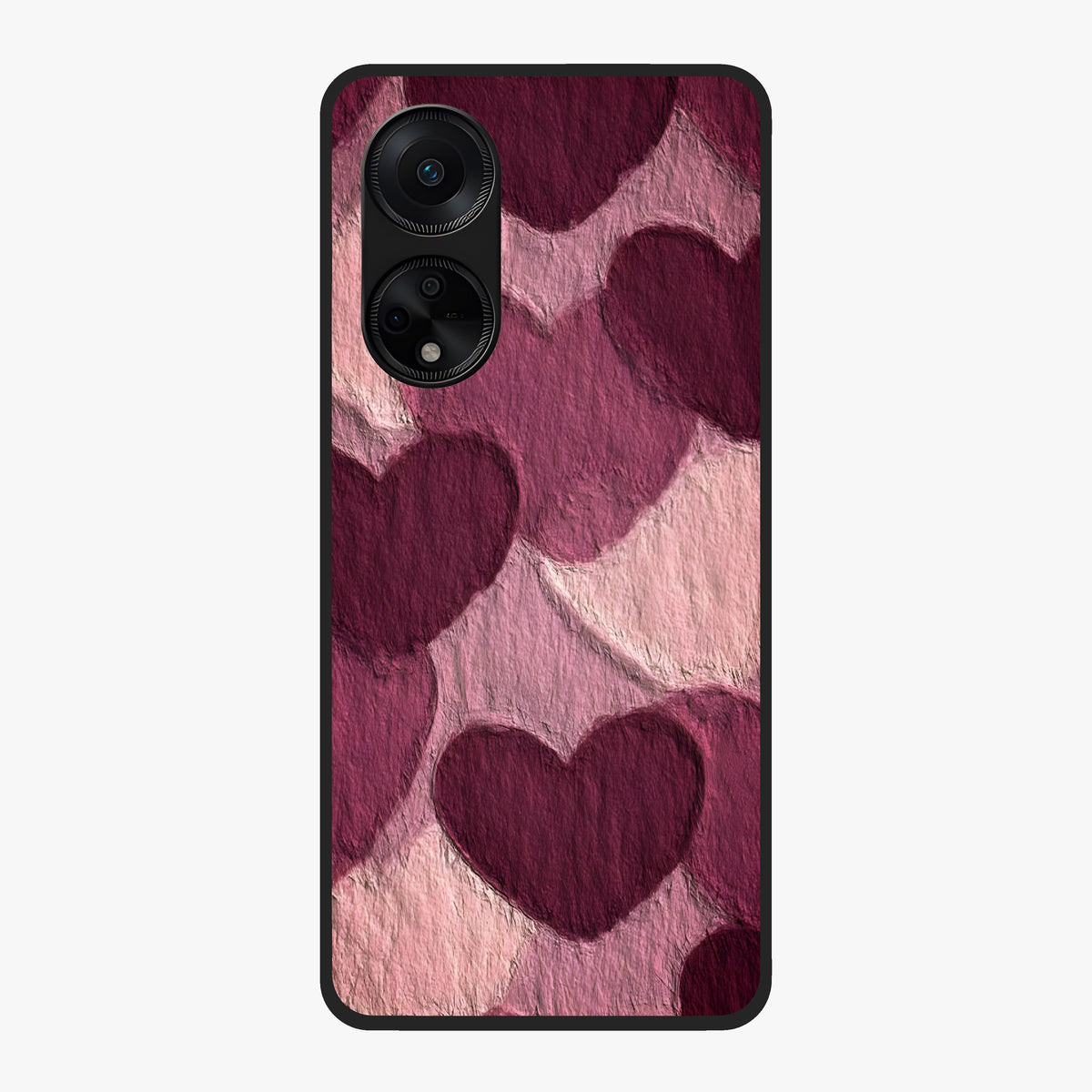 Layered Paper Hearts Glass Case showing flat back view with layered paper heart artwork and glossy glass finish.