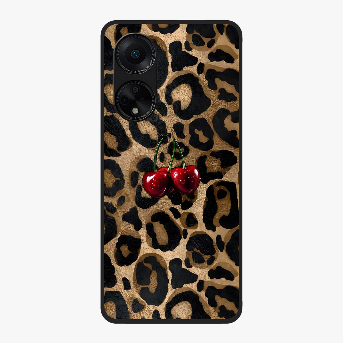 Leopard Wild Cherry Glass Case showing flat back view with leopard pattern and cherry artwork and glossy glass finish.