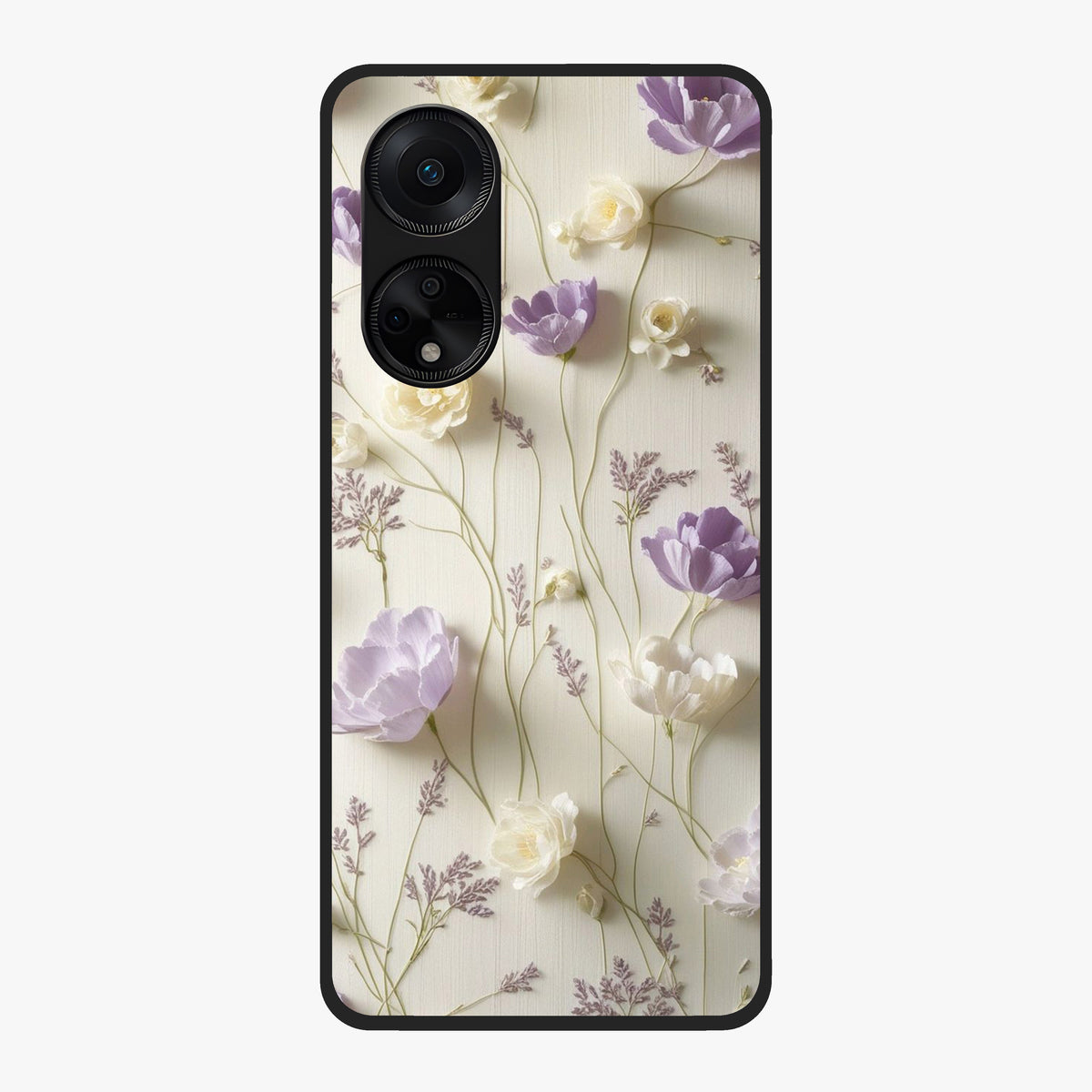 Lilac Breeze Harmony Glass Case showing flat back view with soft lilac themed artwork and glossy glass finish.