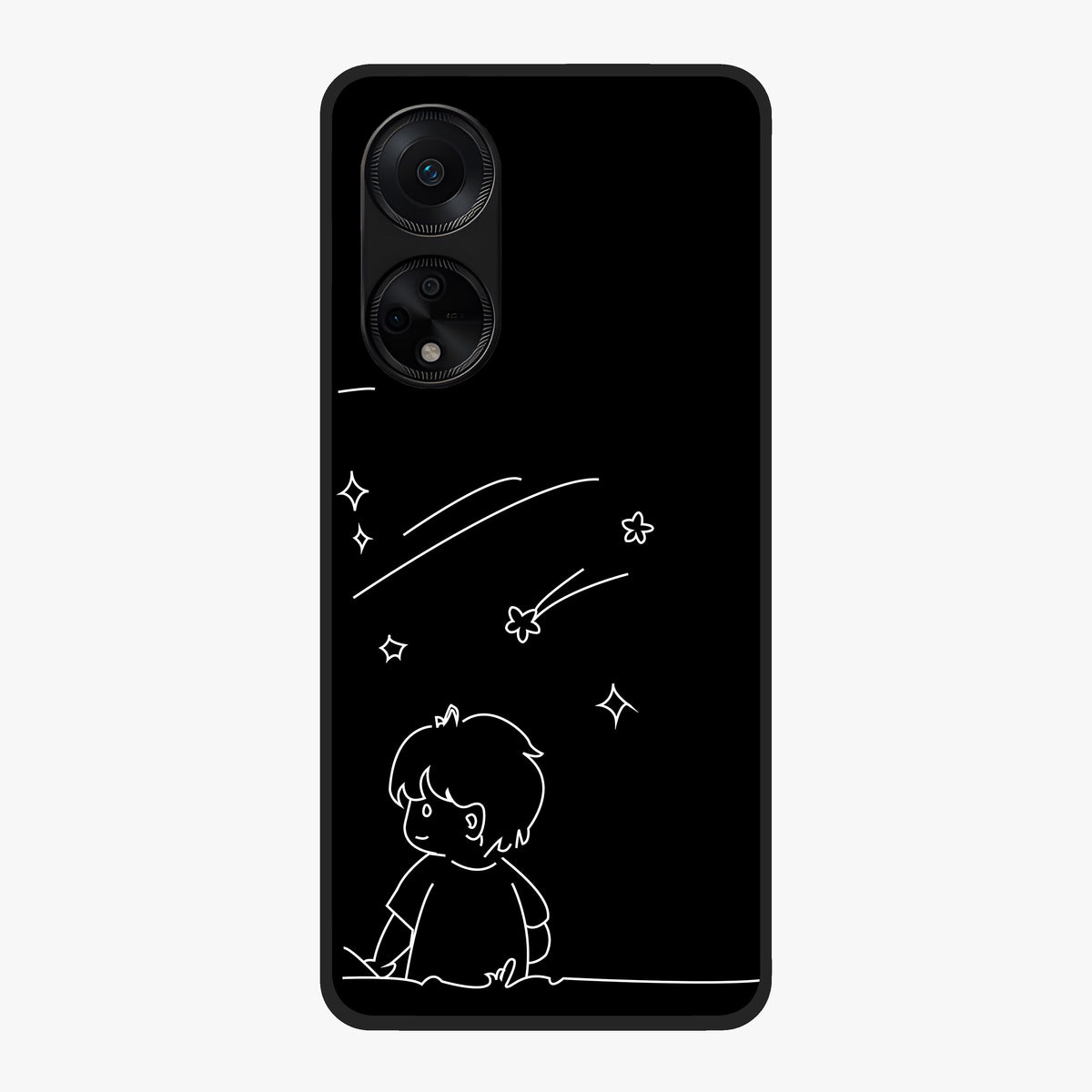 Line Art Boy With Shooting Stars Glass Case showing flat back view with minimal line art boy and shooting stars illustration and glossy glass finish.