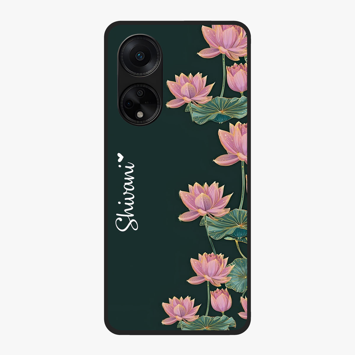 Lotus Bloom Serenity Custom Name Glass Case showing flat back view with elegant lotus flower artwork and personalized name design.