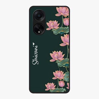 Lotus Bloom Serenity Custom Name Glass Case showing flat back view with elegant lotus flower artwork and personalized name design.