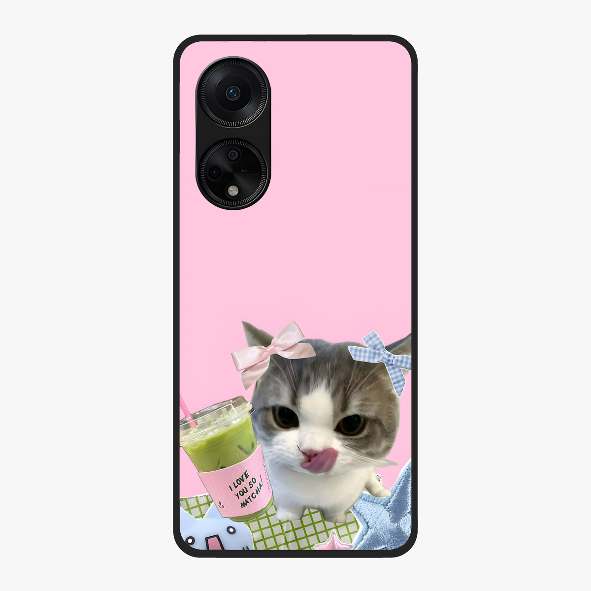 Love Matcha Cat Glass Case showing flat back view with cute cat and matcha themed artwork and glossy glass finish.