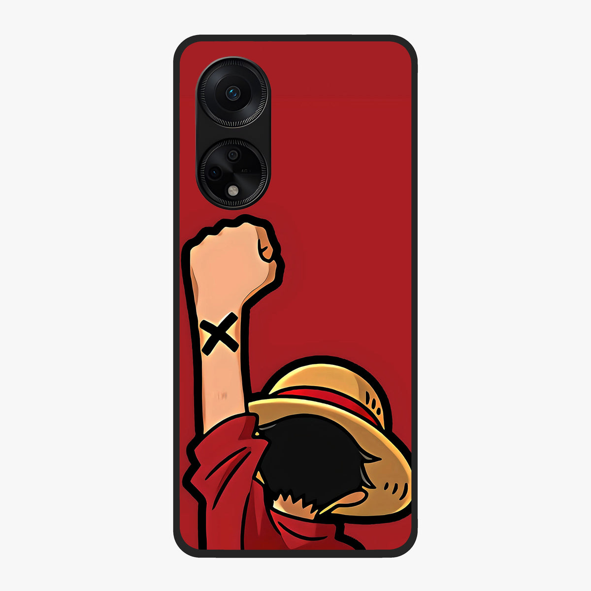 Luffy X Spirit Glass Case showing flat back view with bold anime character artwork and glossy glass finish.