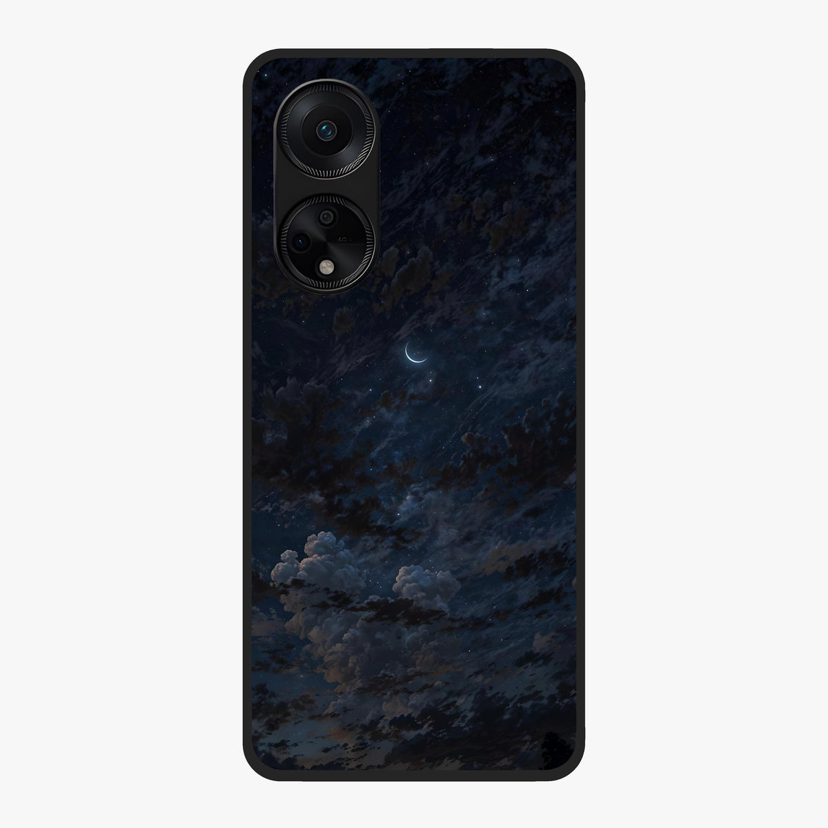 Lunar Veil Silence Glass Case showing flat back view with mystical moon veil artwork and glossy glass finish.
