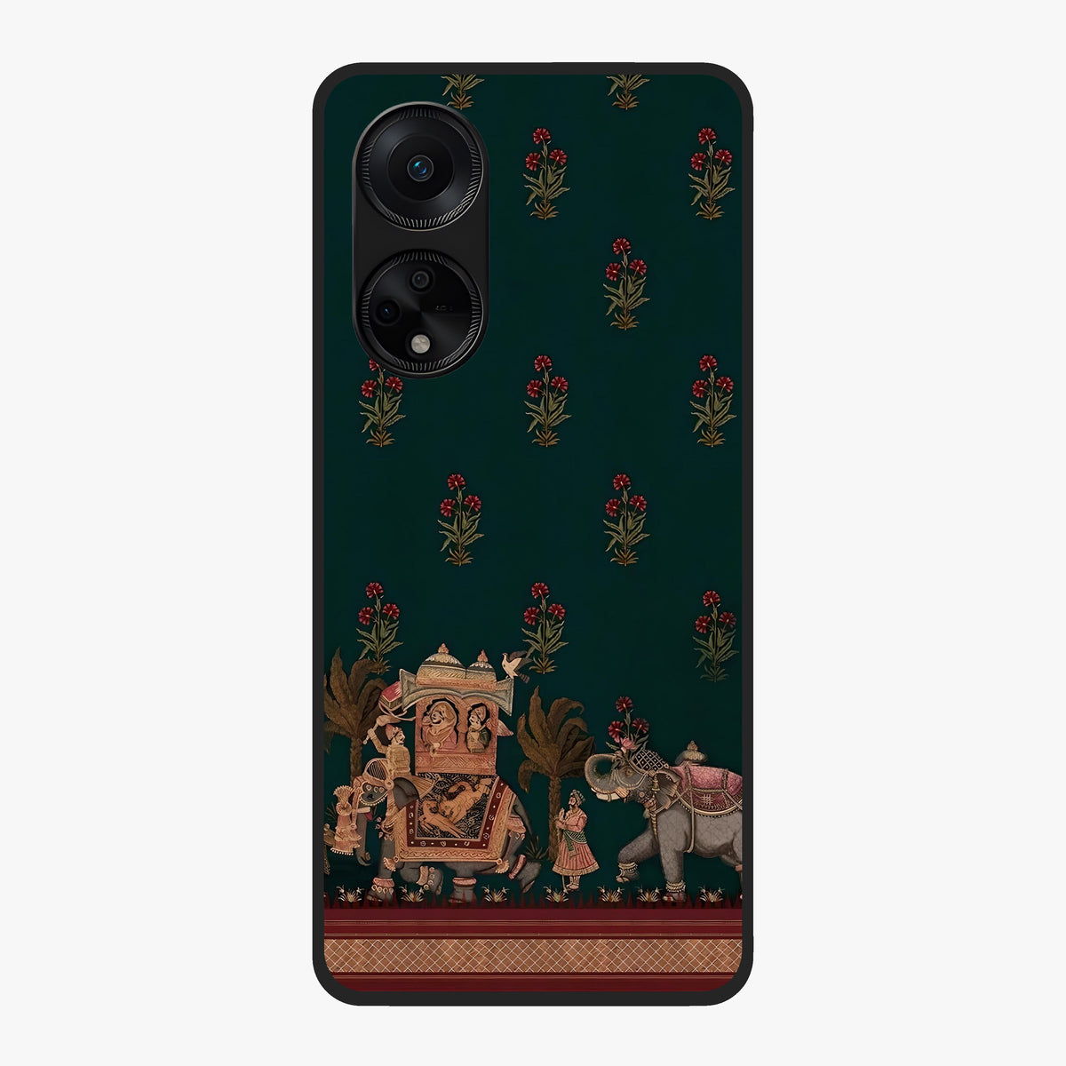 Macmerise Glass Case showing flat back view with stylish modern artwork and glossy glass finish.