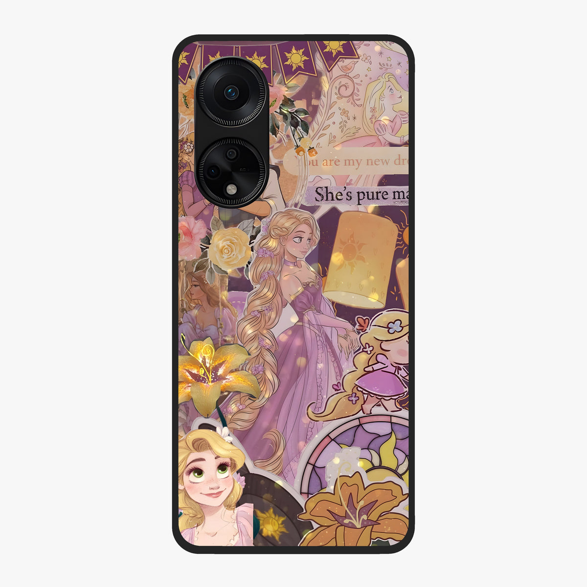 Magical Tangled Dream Glass Case showing flat back view with dreamy tangled artwork and glossy glass finish.