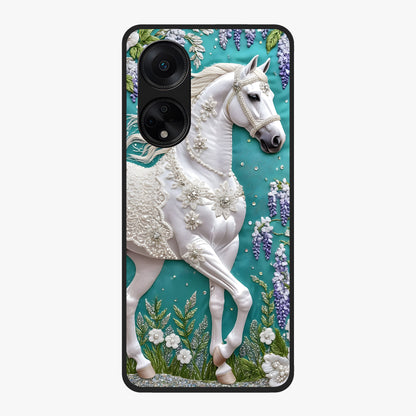 Majestic Floral Stallion Glass Case showing flat back view with powerful horse and floral artwork and glossy glass finish.