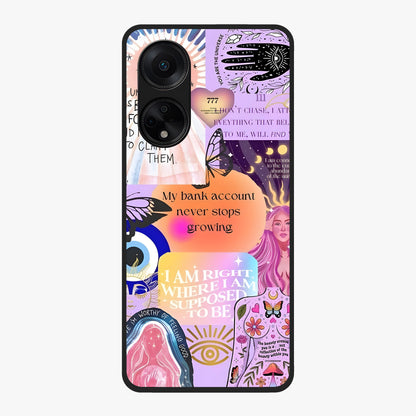 Manifestation Collage Glass Case showing flat back view with motivational collage artwork and glossy glass finish.