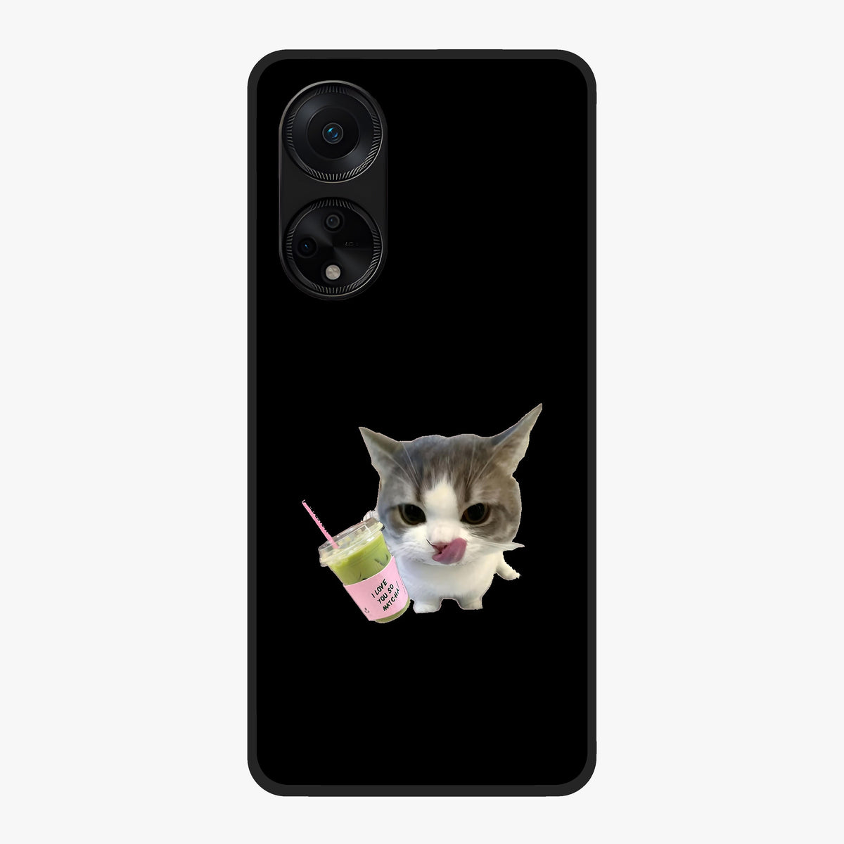 Matcha Cat Style Glass Case showing flat back view with cute matcha themed cat artwork and glossy glass finish.
