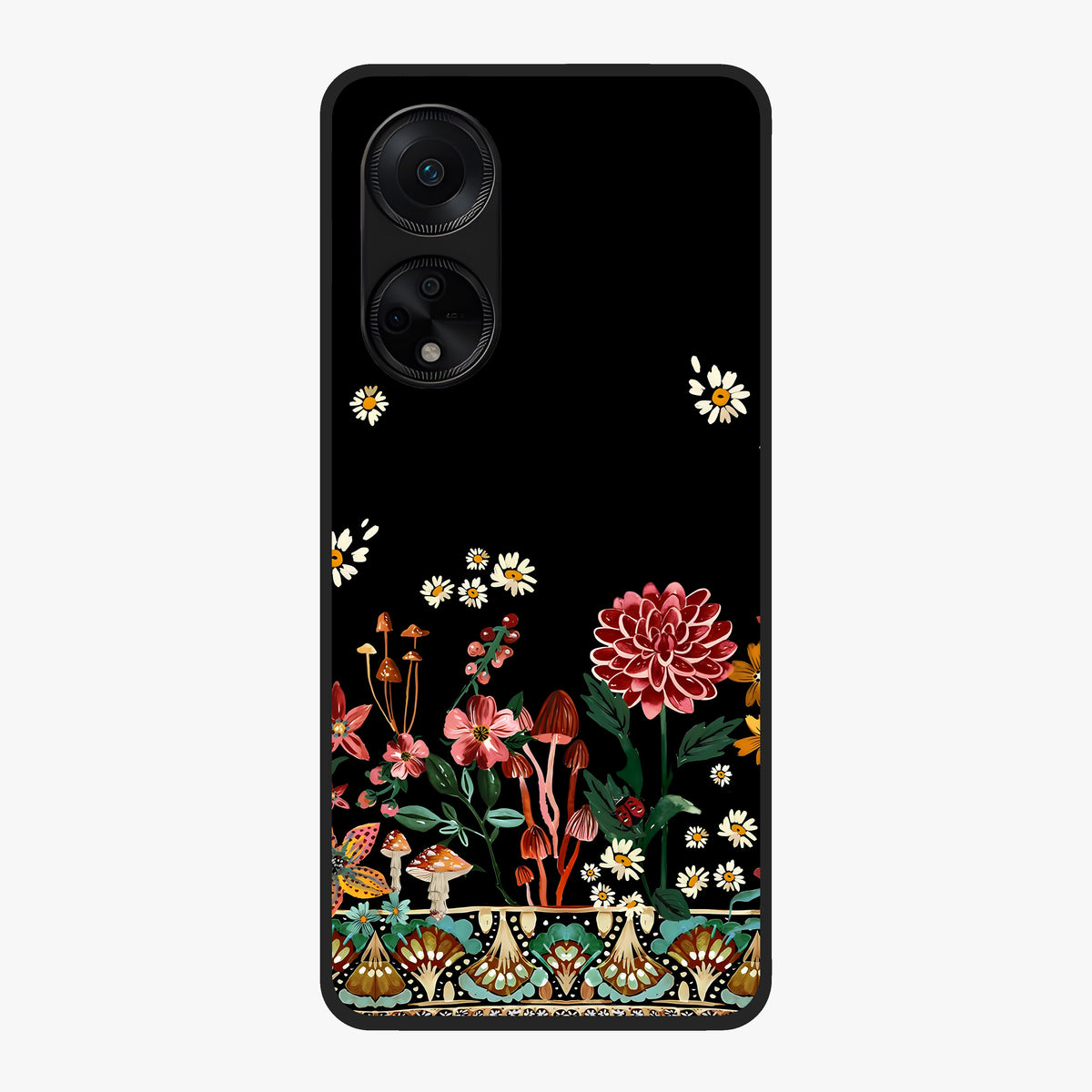 Midnight Bloom Pattern Glass Case showing flat back view with dark floral pattern artwork and glossy glass finish.