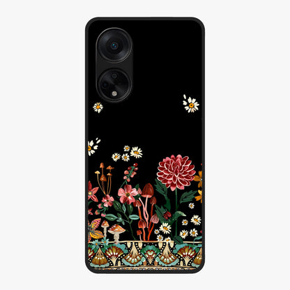 Midnight Bloom Pattern Glass Case showing flat back view with dark floral pattern artwork and glossy glass finish.
