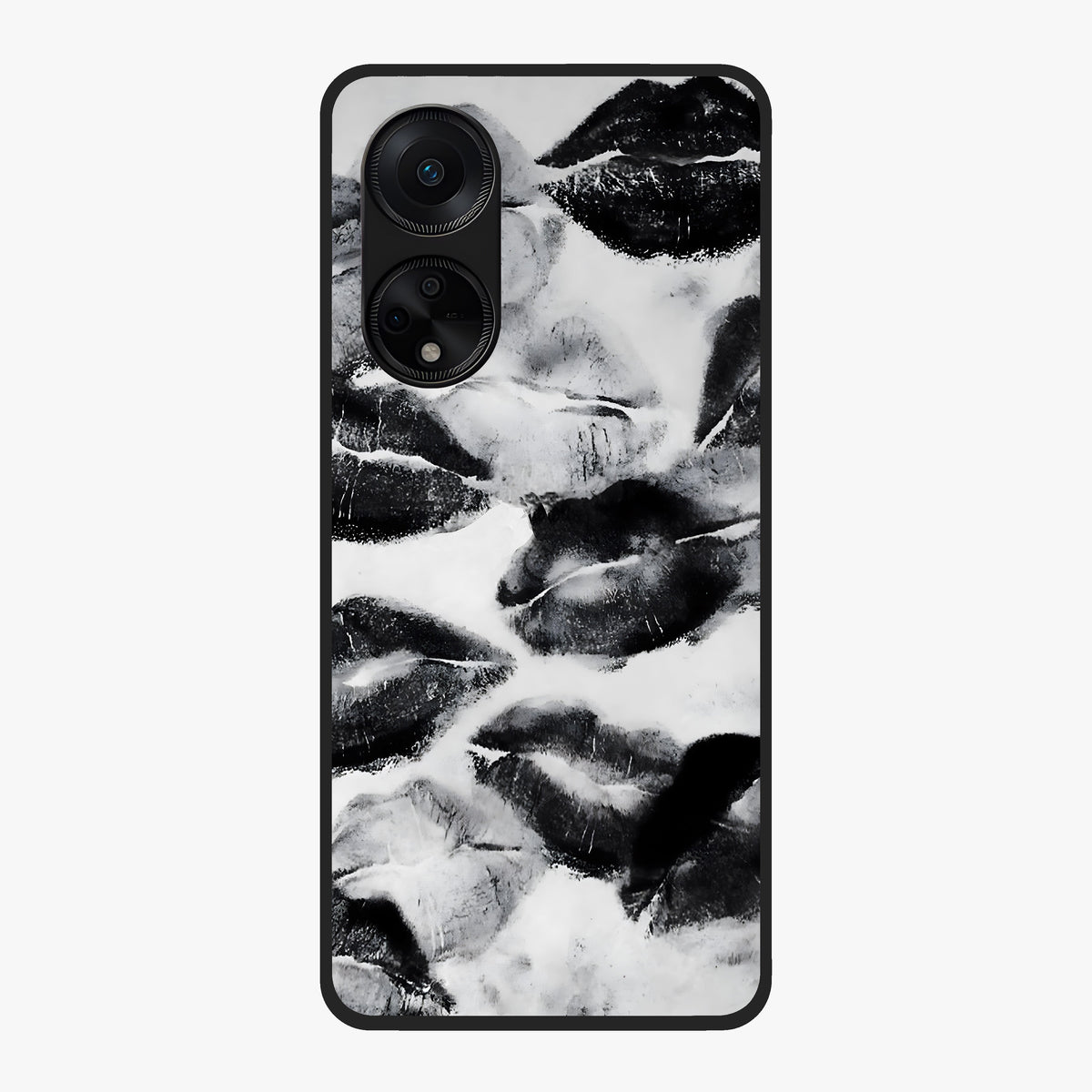 Midnight Kiss Marks Glass Case showing flat back view with lipstick kiss mark artwork and glossy glass finish.