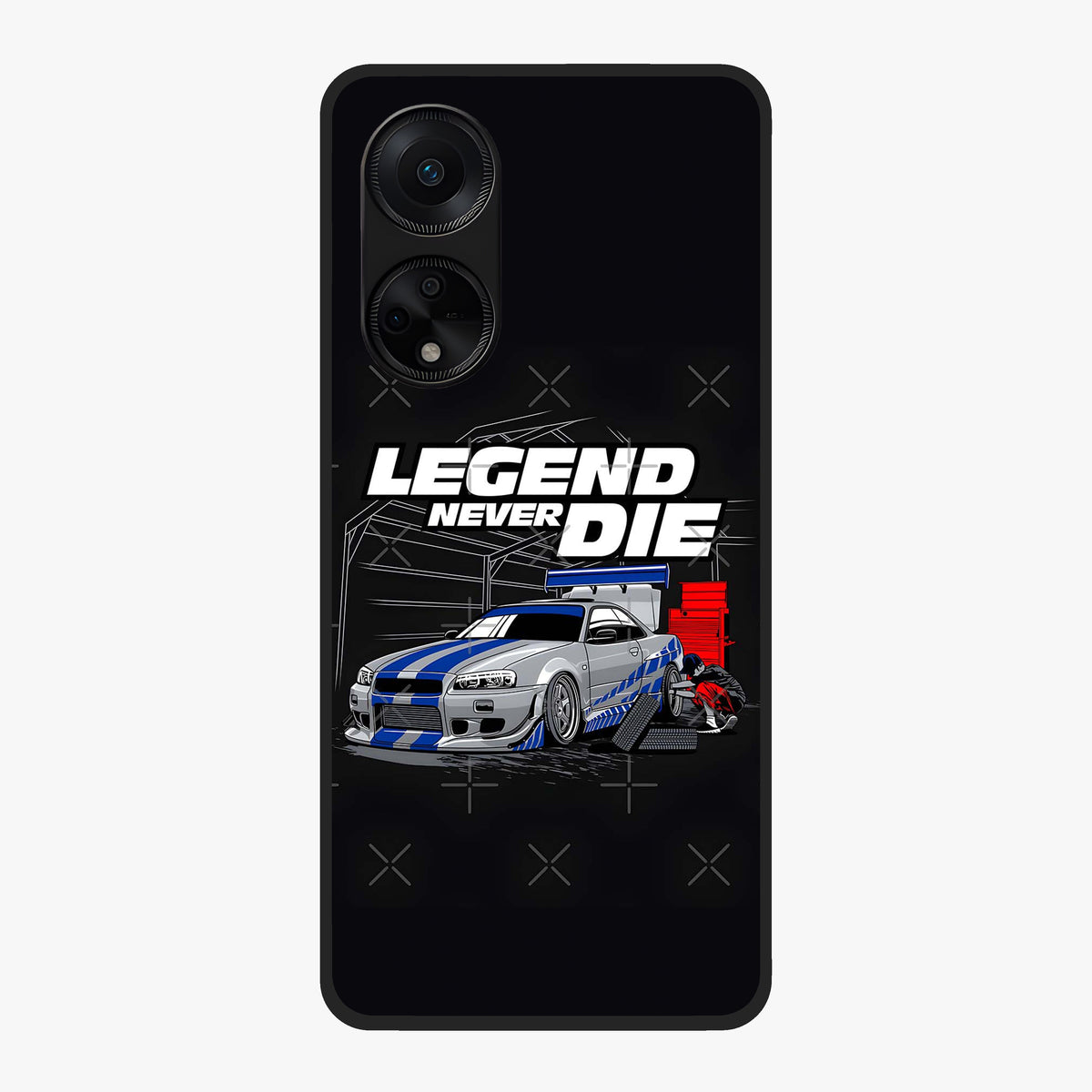 Midnight Racing Legacy Glass Case showing flat back view with sleek racing inspired artwork and glossy glass finish.