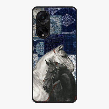 Midnight Stallion Blues Glass Case showing flat back view with majestic horse artwork and glossy glass finish.
