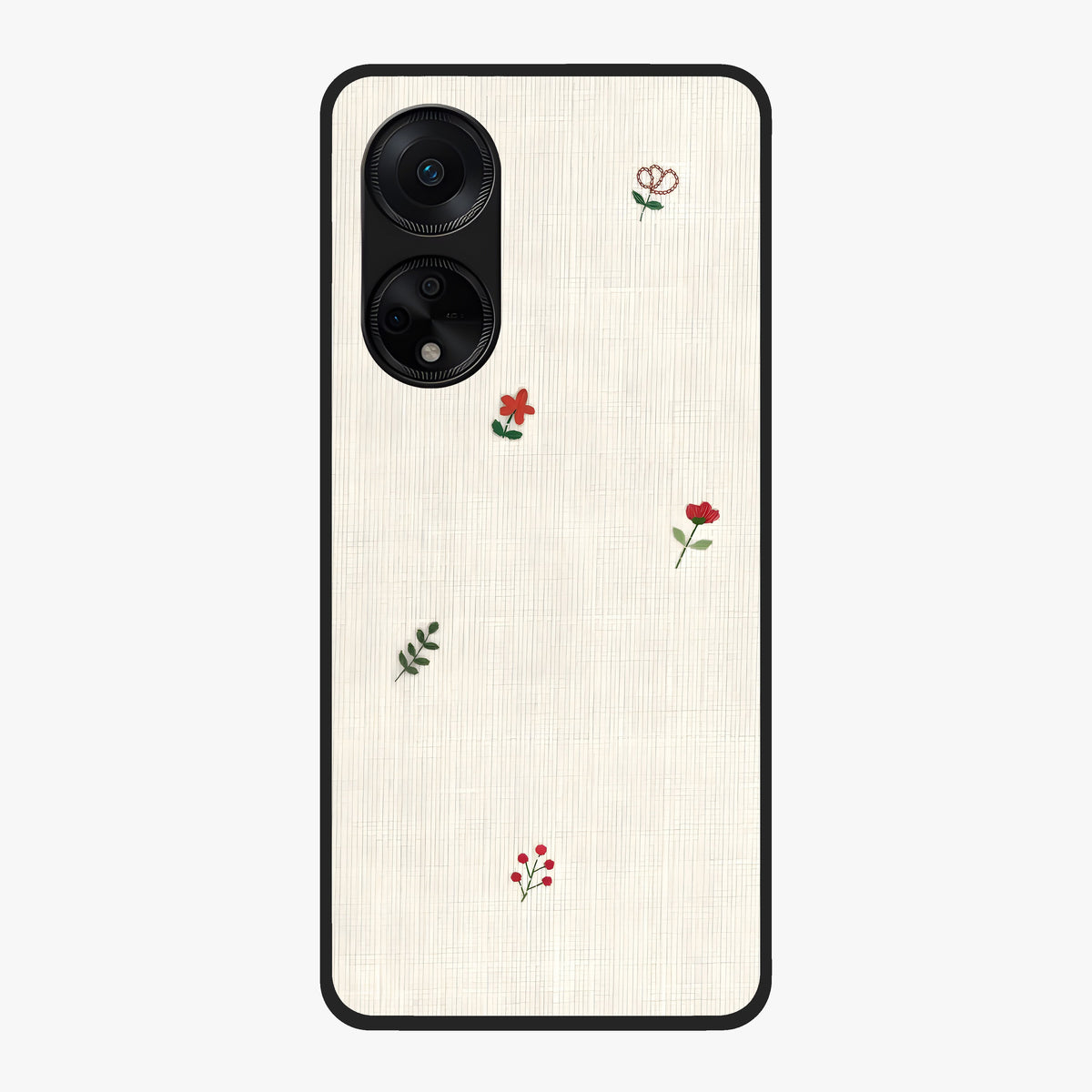 Minimal Petal Whispers Glass Case showing flat back view with soft minimal floral artwork and glossy glass finish.