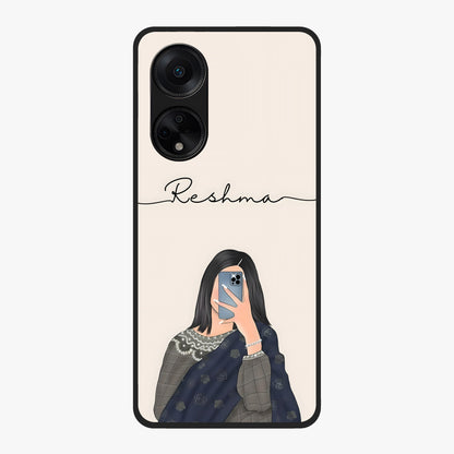 Mirror Mood Muse With Custom Name Glass Case showing flat back view with stylish mirrored artwork and personalized name design.