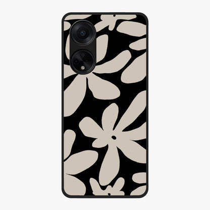 Monochrome Petal Dance Glass Case showing flat back view with monochrome floral artwork and glossy glass finish.