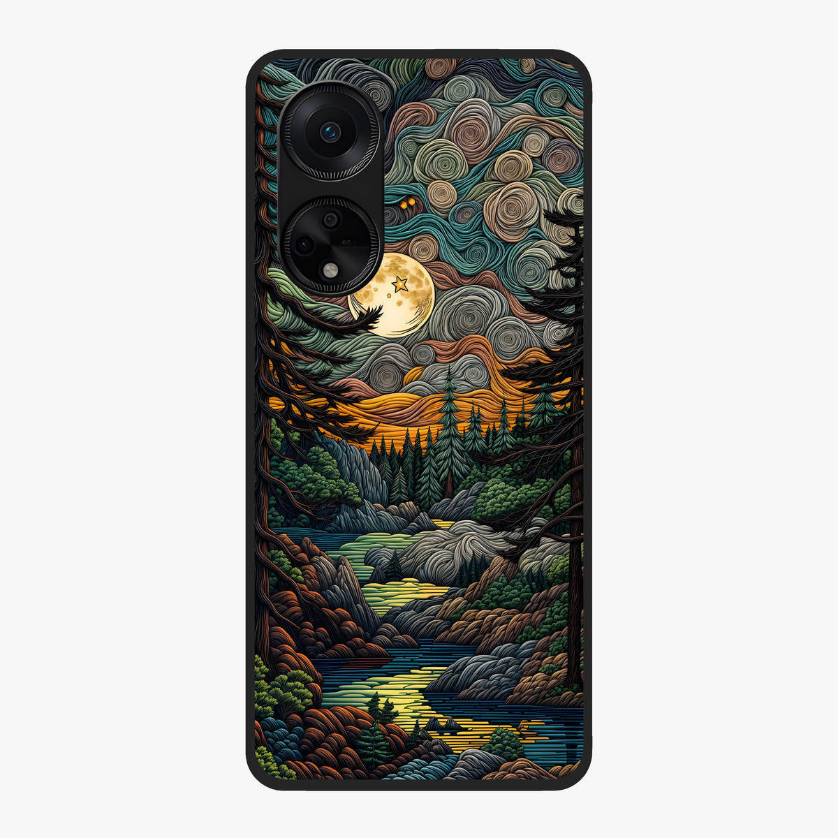 Moonlight Forest Dream Glass Case showing flat back view with mystical forest moonlight artwork and glossy glass finish.