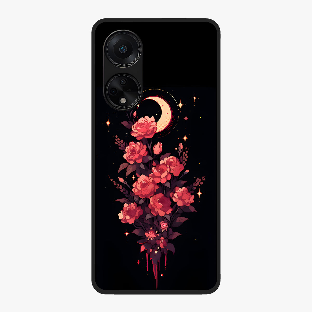 Moonlit Floral Elegance Glass Case showing flat back view with elegant floral artwork under moonlit tones and glossy glass finish.