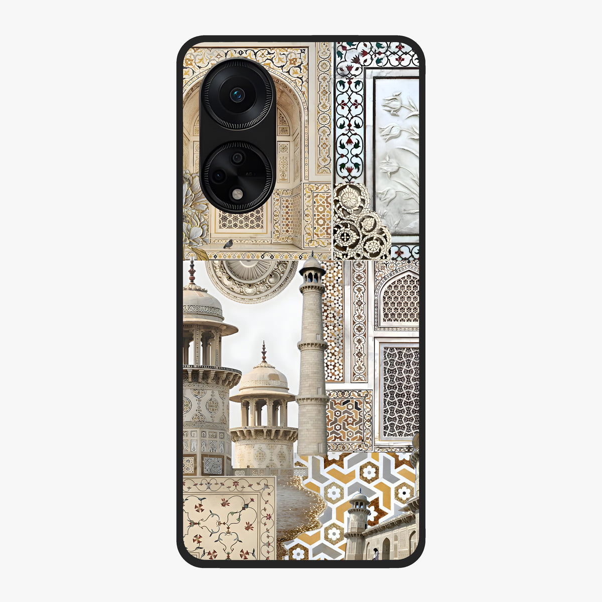 Mughal Marble Legacy Glass Case showing flat back view with intricate Mughal inspired marble pattern and glossy glass finish.