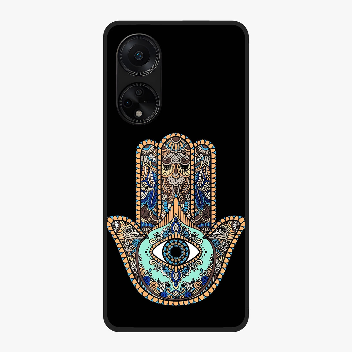 Mystic Hamsa Eye Glass Case showing flat back view with protective hamsa hand and evil eye artwork and glossy glass finish.