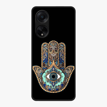Mystic Hamsa Eye Glass Case showing flat back view with protective hamsa hand and evil eye artwork and glossy glass finish.
