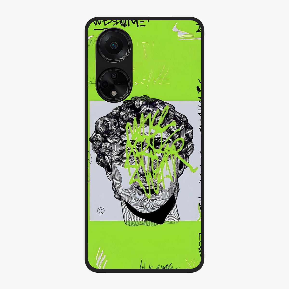 Neo Graffiti Rebellion Glass Case showing flat back view with vibrant graffiti artwork and glossy glass finish.