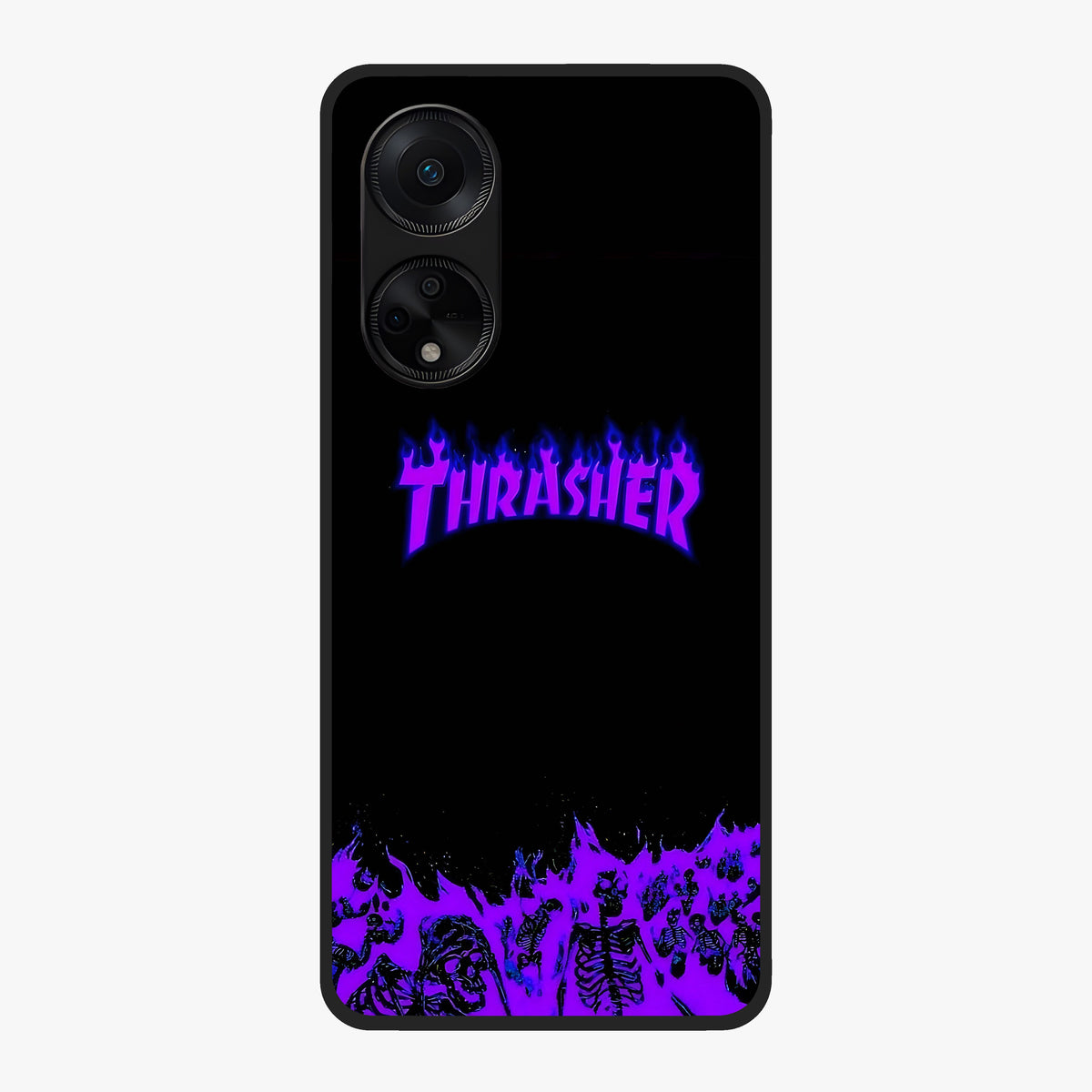Neon Flame Riot Glass Case showing flat back view with neon flame artwork and glossy glass finish.