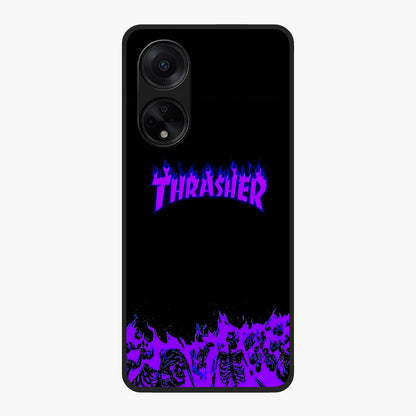 Neon Flame Riot Glass Case showing flat back view with neon flame artwork and glossy glass finish.