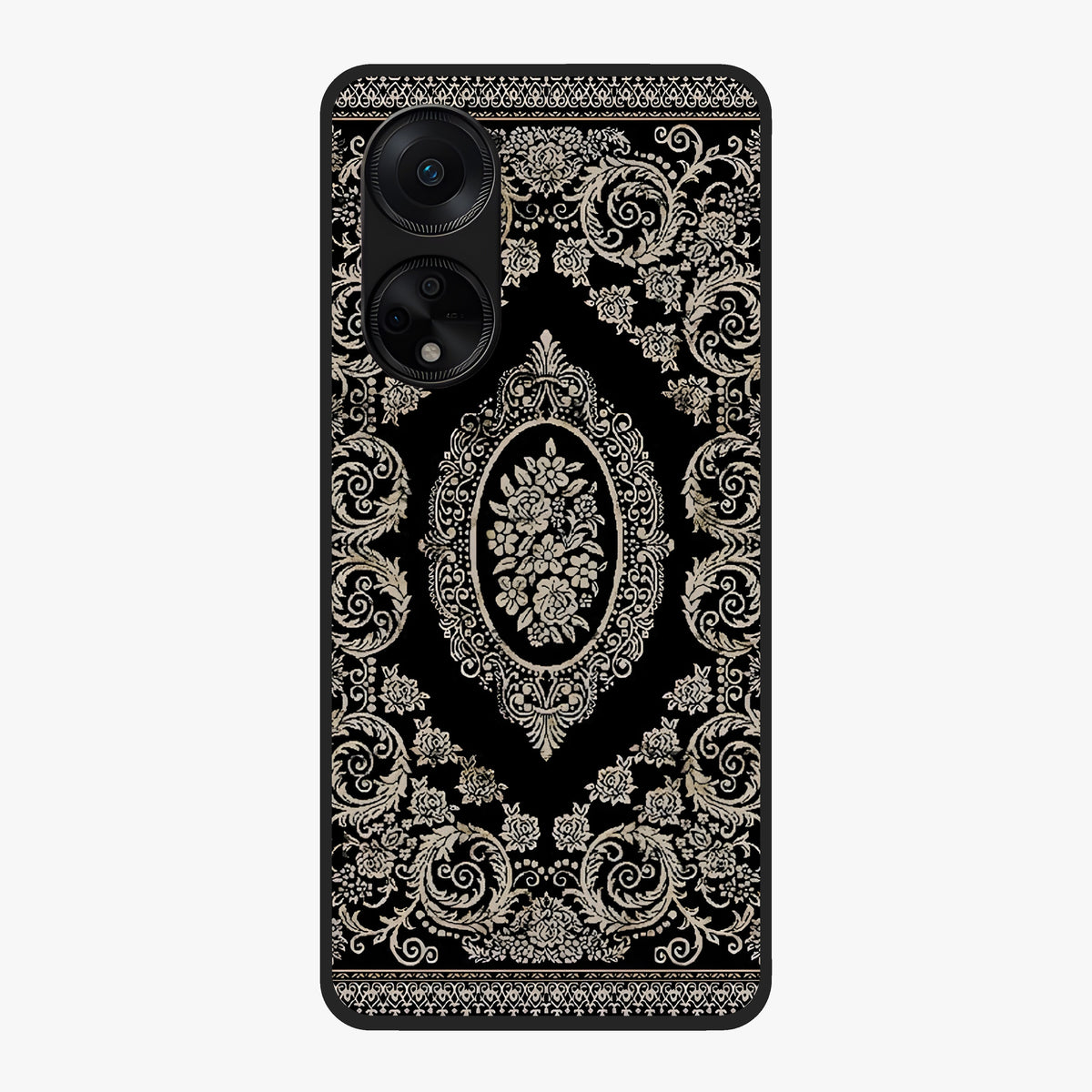 Noir Bloom Elegance Glass Case showing flat back view with elegant dark floral artwork and glossy glass finish.
